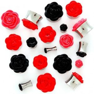 Plug do ucha s plastickou růžičkou - Tloušťka : 6 mm , Barva piercing: Červená