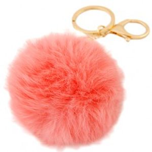 Přívěsek na klíče - růžový chlupatý míček, karabinka zlaté barvy AA26.09