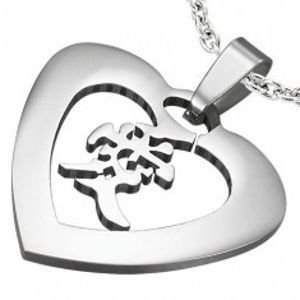 Ocelový přívěsek stříbrné barvy - srdce s čínským znakem "láska" W23.12