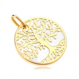 Přívěsek ve žlutém zlatě 585 - bílý perleťový kruh se stromem života GG18.39