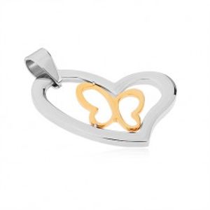 Přívěsek z chirurgické oceli, asymetrický obrys srdce, linie motýla ve zlaté barvě SP44.29