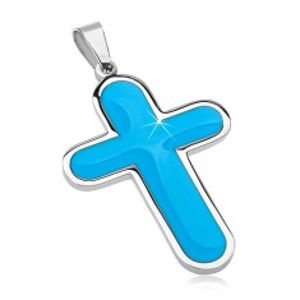 Přívěsek z chirurgické oceli, velký kříž s modrým glazovaným vnitřkem AA09.06