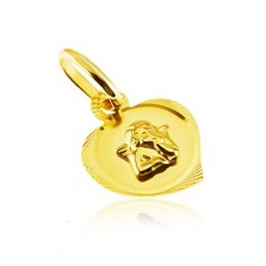 Přívěsek ze 14K zlata - gravírovaný obrys srdce s vystouplým andílkem