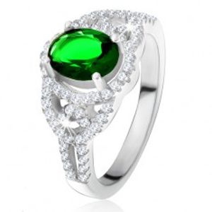 Prsten - oválný zelený zirkon, lem, zaoblené linie, čiré kamínky, stříbro 925 SP28.26
