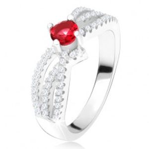 Prsten - tři zvlněné zirkonové linie, kulatý červený kámen, stříbro 925 T24.5