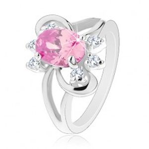 Prsten s broušeným oválným zirkonem v růžové barvě, lesklé obloučky V01.07