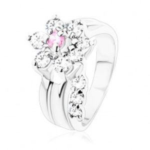 Prsten s hladkými rameny, zirkonový kvítek v růžovém a čirém odstínu V08.28