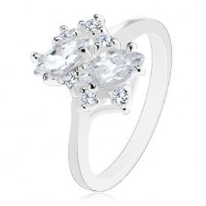 Prsten s lesklými rameny, stříbřitý odstín, kulaté a zrnkovité čiré zirkony AC11.06