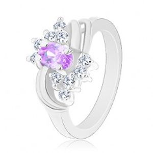 Prsten s lesklými rameny, světle fialový oválný zirkon, dva páry oblouků V01.11