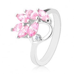 Prsten s lesklými rameny, větvička s růžovými zirkonovými lístky R33.26