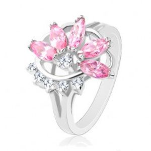 Prsten s lesklými rozdělenými rameny, růžovo-čirý poloviční květ R32.30