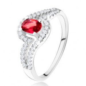 Prsten s oválným červeným kamenem, zvlněná zirkonová ramena, stříbro 925 U20.18