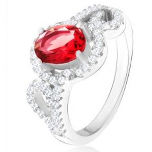 Prsten s oválným červeným zirkonem, poloviny obrysů srdcí, stříbro 925 T17.6