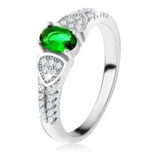 Prsten s oválným zeleným zirkonem, trojúhelníky, čiré kamínky, stříbro 925 U19.13