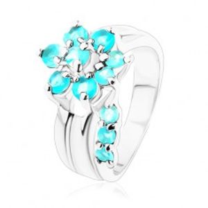 Prsten s rozdělenými rameny, květ se stonkem v akvamarínové barvě V05.29