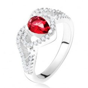 Prsten s rubínovým zirkonem a čirou konturou srdce, stříbro 925 T24.1