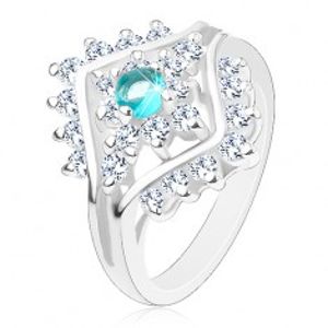 Prsten s úzkými rameny, kulatý zirkon akvamarínové barvy, čiré zirkonky V15.18