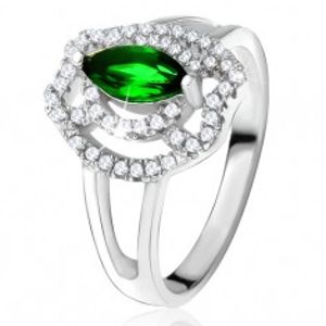 Prsten se zeleným zrníčkovitým kamenem, zirkonové oblouky, stříbro 925 T21.11