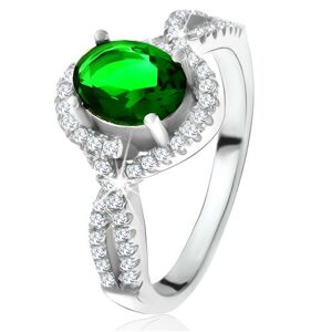 Prsten - stříbro 925, zaoblené linie, čiré zirkonky, oválný zelený kámen - Velikost: 56
