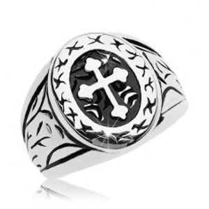 Prsten stříbrné barvy, chirurgická ocel, velký ovál s jetelovým křížem AB35.08