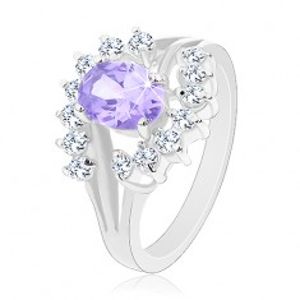 Prsten stříbrné barvy, čiré oblouky, světle fialový zirkonový ovál G01.10