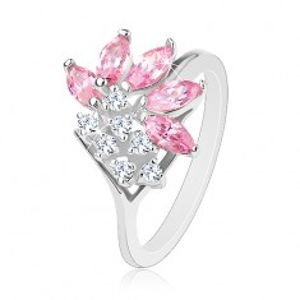 Prsten stříbrné barvy, čiré zirkony, zrnka v růžovém odstínu R31.20