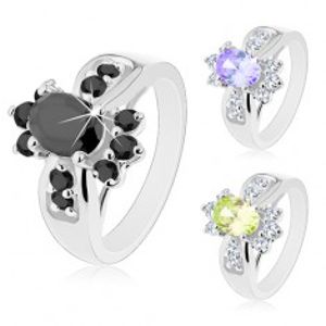 Prsten stříbrné barvy, barevný zirkonový ovál a kulaté čiré zirkonky M05.27