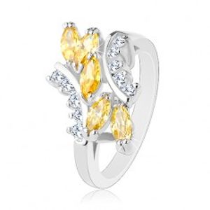 Prsten stříbrné barvy, linie žlutých zrnkovitých zirkonů, čiré obloučky R33.5