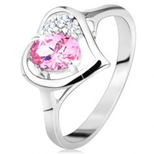 Prsten stříbrné barvy, obrys srdíčka s růžovým oválem a čirými zirkonky G09.04