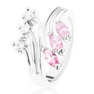 Prsten stříbrné barvy s rozvětvenými rameny, čiré a růžové zirkony R39.3