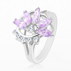 Prsten stříbrné barvy, světle fialový zirkonový květ, čiré zirkonky R32.17