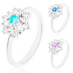 Prsten stříbrné barvy, zářivý zirkonový květ s barevným středem V11.16