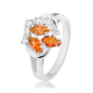 Prsten stříbrné barvy, čiré a oranžové zirkony, lesklé obloučky R33.2