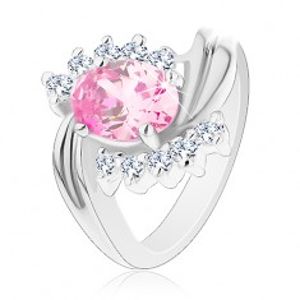 Prsten stříbrné barvy, zvlněné linie ramen, růžový broušený ovál, čiré zirkonky G14.13