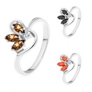 Prsten stříbrné barvy, zvlněná ramena, poloviční barevný květ ze zirkonů AB29.03