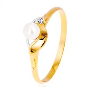 Prsten v kombinovaném zlatě 585 - zrcadlově lesklá vlnka, zirkon a perla GG38.11/17