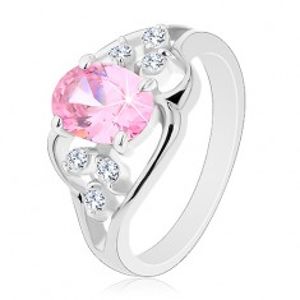 Prsten ve stříbrné barvě, asymetrické linie, růžový ovál, čiré zirkony R30.3