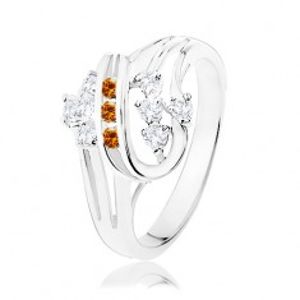 Prsten ve stříbrné barvě, dvojitá spirála s oranžovými a čirými zirkony K6.19