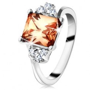 Prsten ve stříbrné barvě, obdélníkový oranžový zirkon, čiré zirkonky AC15.30