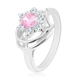 Prsten ve stříbrné barvě, růžovo-čirý zirkonový květ, lesklé oblouky G04.06