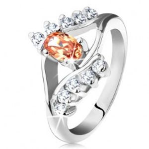 Prsten ve stříbrné barvě s rozdělenými rameny, oranžový ovál, čiré linie zirkonů G10.04