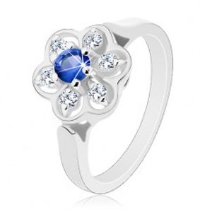 Prsten ve stříbrném odstínu, čirý kvítek s tmavě modrým zirkonem R30.7