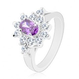 Prsten ve stříbrném odstínu, fialový oválný zirkon s čirou obrubou R29.23