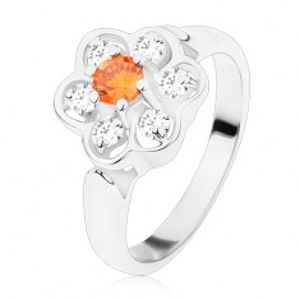 Prsten ve stříbrném odstínu, blýskavý čirý kvítek s oranžovým středem S11.16