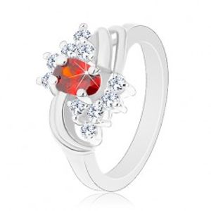 Prsten ve stříbrném odstínu, oranžový ovál, čiré zirkonky, lesklé oblouky G14.24