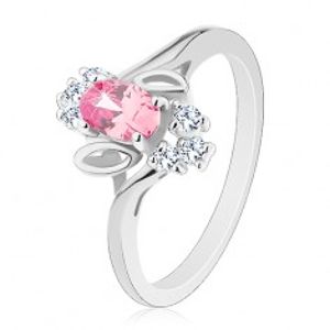 Prsten ve stříbrném odstínu, růžový broušený ovál, lístečky, čiré zirkony R29.26