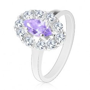 Prsten ve stříbrném odstínu, světle fialové zrnko s čirou zirkonovou obrubou V02.26