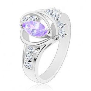 Prsten ve stříbrném odstínu, světle fialový zirkon, hladké oblouky, čiré zirkony G01.28