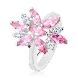 Prsten ve stříbrném odstínu, velký květ s růžovými a čirými lupínky R33.4