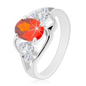 Prsten ve stříbrném odstínu, oranžový oválný zirkon, zvlněné linie R29.29